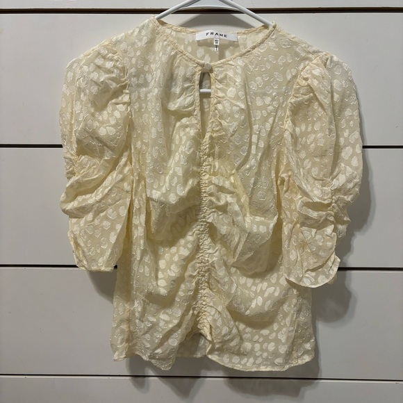 FRAME Shirred Keyhole Puff-Shoulder Top - Picture 2 of 13